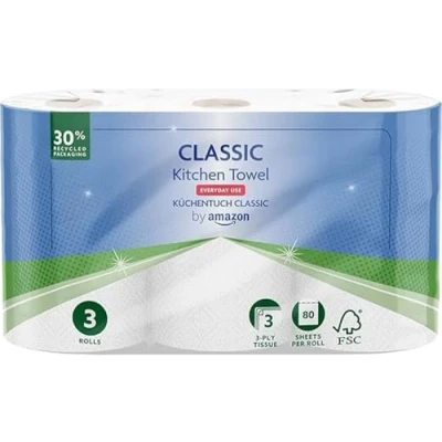 Afbeelding van by Amazon Classic 3 rollen papieren handdoeken (1 verpakking van 3), 80 vellen per rol