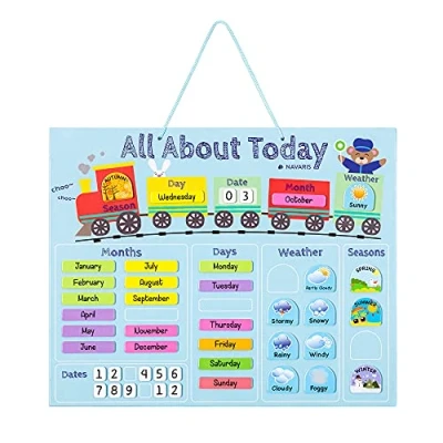 Afbeelding van Navaris leerkalender voor kinderen Magnetisch kalenderbord met seizoenen en het weer Jaarkalender magneten in Engels Blauw Trein