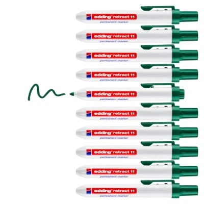Afbeelding van edding Retract 11 permanente marker groen 10 stuks ronde veer 1,5 3 nm waterbestendig, sneldrogend voor eenvoudige bediening met één hand karton, kunststof, hout, metaal, glas