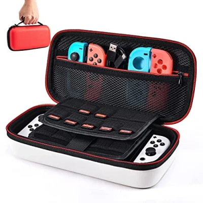 Afbeelding van Case compatibel voor NS Switch / OLED Younik Upgrade versie Harde draagtas met grotere opslagruimte 19 spelcartridges en andere accessoires Rood wit