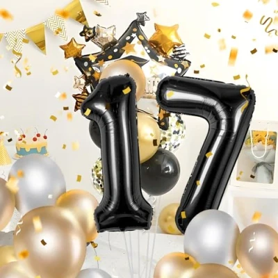 Afbeelding van Ballonnen verjaardag 17 zwart 100 cm ballon cijfer 17, nummer Happy Birthday decoratie, ballonnen, verjaardagsfeest, jaren vliegt dankzij helium