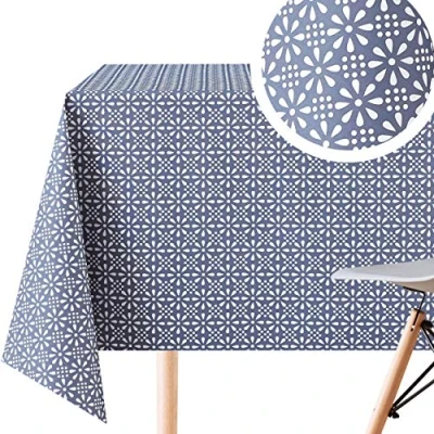 Afbeelding van PVC tafelkleed, retro, bedrukt, marineblauw, bloemen wit bloemenpatroon, glad tafelzeil, rechthoekig, 140 x 250 cm, vintage, klassiek, waterdicht,