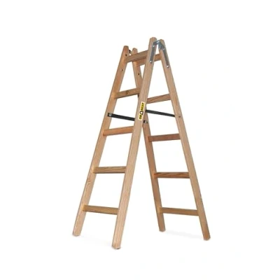 Afbeelding van DRABEST Pro Trapladder van hout, 5 treden, lichte ladder, opvouwbare ladder voor thuis, geïmpregneerd grenen, verzinkversterkingen, capaciteit 150 kg, 53 x 158 13 cm