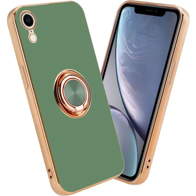 Afbeelding van Cadorabo Hoesje geschikt voor Apple iPhone XR in Glossy Licht Groen Goud met ring Beschermhoes van flexibel TPU silicone Case Cover camerabescherming en magnetische autohouder