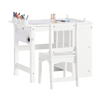 Afbeelding van SoBuy Kindertafel en stoelset, 2 delig, bureau voor kinderen, met planken, 1 papierrolhouder, rol papier 3 pennenvakken, KMB60 W
