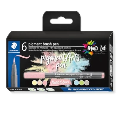 Afbeelding van STAEDTLER Brush Pen Pigment Arts, hoogwaardige tekeninkt, penseelpunt voor variabele lijnbreedte, waterdicht, sneldrogend, 6 penseelstiften in verschillende kleuren etui