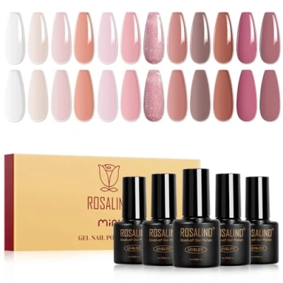 Image de ROSALIND Vernis Semi Permanent,12 Couleurs Jelly Transparent Nude Rose Marron Gel UV Permanent Paillettes Soak Off UV/LED à Ongles pour Nail Art Manucure