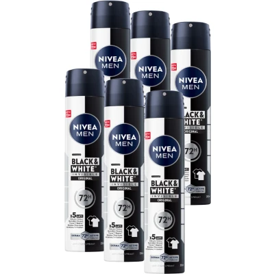Afbeelding van NIVEA MEN Invisible for Black &amp; White Original Anti Transpirant Spray Geen witte of gele vlekken Quickdry Alcoholvrij Beschermt 72 uur 6 x 200 ml
