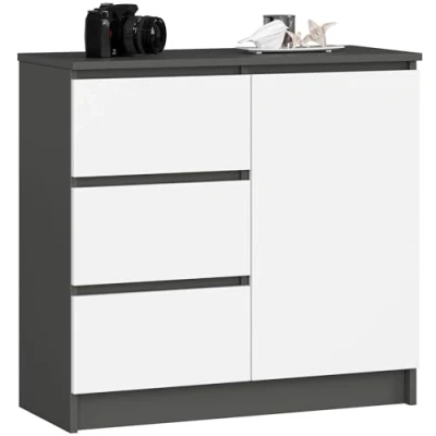 Afbeelding van AKORD K 80 JERRY Commode met 3 laden, 2 planken en 1 deur, voor woonkamer, slaapkamer, modern, 16 mm gelamineerde plaat, x 77 35 cm, grafietgrijs witte voorkant