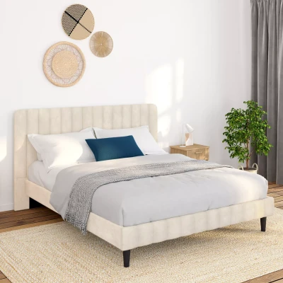 Image de lit double ANNIE avec tête de et sommier 140 x 190 cm velours beige