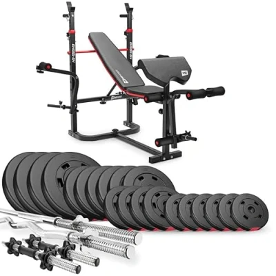 Afbeelding van Hop Sport Halterbank Krachtstation HS 1065 met Lange Halterstang, Curlstang en Korte Halters, Halterschijven in Sets van 75 tot 173 kg voor Fitness Krachttraining (105 Lang, Curl Kort)