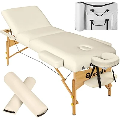 Afbeelding van tectake® 3 zones massagetafel behandeltafel Somwang 7,5cm matras en houten frame incl. rolkussens draagtas beige behandelbank opbergtas opvouwbaar