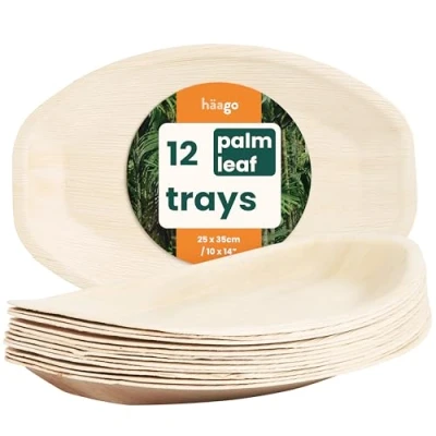 Afbeelding van HAAGO 12 Palmblad Dienbladen/Schaaltjes (25x35cm) Biologisch afbreekbaar Milieuvriendelijk voor Bruiloft, Picknicks &amp; BBQ Magnetronbestendig