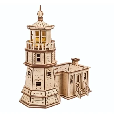 Afbeelding van UGEARS Split Rock Lighthouse 3D puzzel, miniatuurbouwset van hout voor volwassenen met led nachtlampje, puzzel volwassenen, knutselcadeaus ingenieurs, 295 stukjes