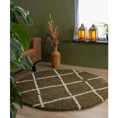 Afbeelding van Rond Hoogpolig Tapijt/Vloerkleed Ruiten Artisan Olijfgroen/wit 120 Cm