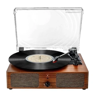 Afbeelding van Bluetooth draaitafel met geïntegreerde luidsprekers, ondersteunt USB RCA uitgang, AUX hoofdtelefoon, automatische uitschakeling, 3 snelheden, draagbare fonograaf voor entertainment en