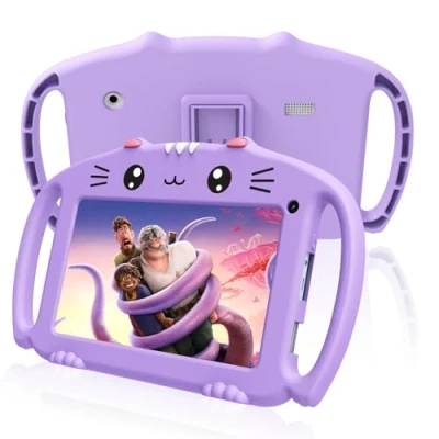 Afbeelding van VESWWE tablet voor kinderen, 7 inch Android, met wifi, 32 GB ROM, tablet, touchscreen, educatief, ouderlijk toezicht, dubbele camera, kinderbescherming, beschermhoes (paars)