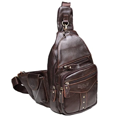 Afbeelding van Lederen Sling Bag Crossbody Rugzak voor Mannen Vrouwen Outdoor Reizen Multifunctionele Enkele Schouder Borst Pack Dagrugzak Koffie
