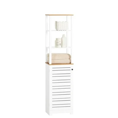Afbeelding van SoBuy BZR43 W badkamer hoge kast badkamerkast badrek met 3 open vakken en lamellendeur wit natuur BHT ca: 40x160x30cm