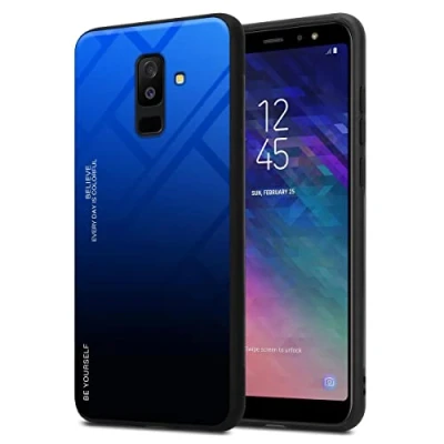 Afbeelding van Cadorabo Hoesje geschikt voor Samsung Galaxy A6 PLUS 2018 in BLAUW ZWART Tweekleurige beschermhoes van TPU silicone Case Cover en achterzijde gehard glas