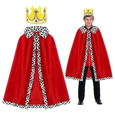 Afbeelding van SKHAOVS 2 delige set voor volwassenen, koninginnenkostuum, Coronation, outfit, koningin, jurk met kroon, King Queen Fancy Dress rollenspel, maskerade, themafeest, Halloween, carnaval, 120 cm