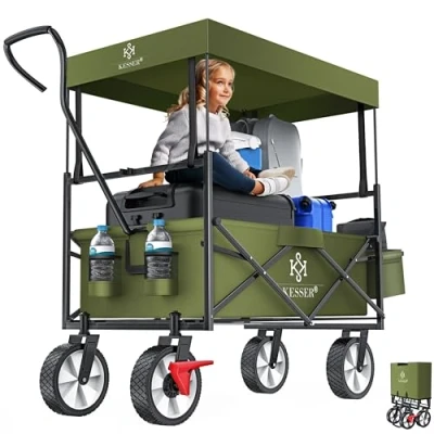 Afbeelding van Kesser® Opvouwbare transportwagen tot 100 kg belastbaar, met massieve banden en voorrem, strandwagen 2 netvakken, beschermhoes buitenvak, kaki