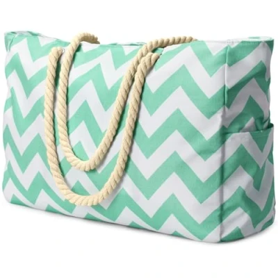 Afbeelding van oscaurt strandtas met strepen, waterdichte strandtas, grote ritssluiting, boodschappentas voor dames, XXL, familie, boodschappentas, schoudertas, reistas, Turkoois groen,