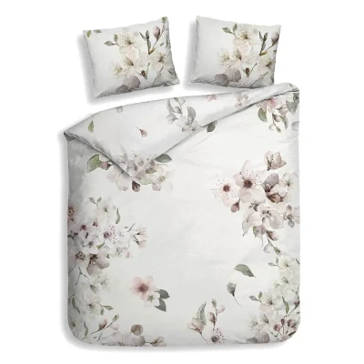 Afbeelding van Heckettlane Dekbedovertrek Fai Dekbed met instopstrook Off White 100% Katoen Satijn Bloemen 200x220 + 2 slopen 60/70 cm