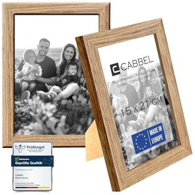 Afbeelding van CABBEL Fotolijst DIN A5 15 x 21 cm, eiken, stabiele mdf houten lijst, onbreekbaar plexiglas, om op te hangen en neer zetten, ideaal voor foto&#039;s/afbeeldingen/collages