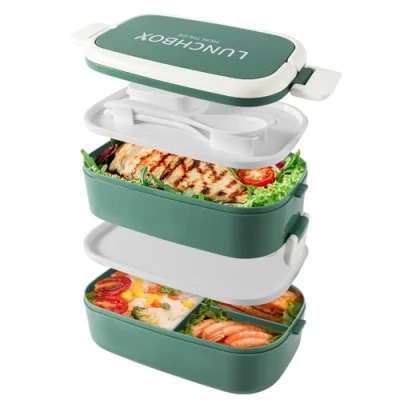Afbeelding van Bento Lunchbox, stapelbaar, 1500 ml container met 4 vakken en bestek, 2 laagse waterdichte boxen voor volwassenen, kinderen, kantoor, magnetron, vaatwasser (groen)