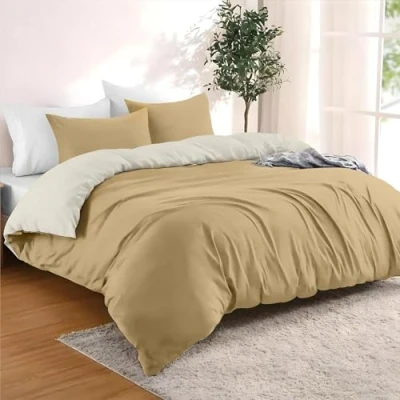 Afbeelding van Dreamzie dekbedovertrek 240 x 220 cm met 2 kussenslopen 80 cm, beige/zand, van 100% microvezel, 3 delig, gecertificeerd zonder chemicaliën (Oeko TEX)