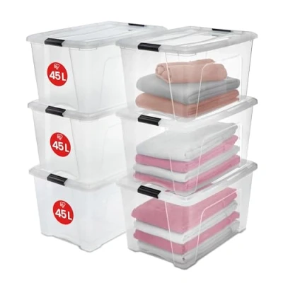 Afbeelding van Iris Ohyama, Set van 6, Opbergdozen, 45 L, met kliksluiting, stapelbaar, woonkamer, slaapkamer, garage New Top Box NTB Transparant