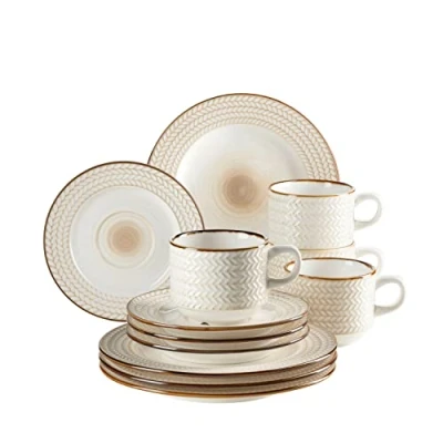 Afbeelding van MÄSER 931941 Serie Prospero Premium koffieservies voor 4 personen in gastronomische kwaliteit, 12 delig unieke vintage stijl, wit, duurzaam porselein