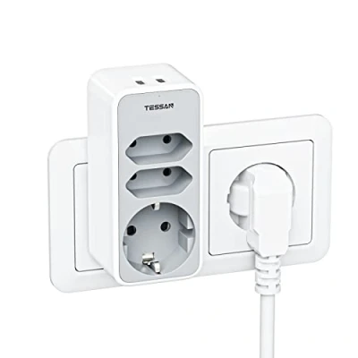 Afbeelding van TESSAN Dual Stecker, 5 in 1 multi stekker, 3 weg stekkeradapter met 2 USB poorten, dubbele stekker drie stopcontacten, grijs, voor terug naar school