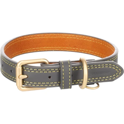 Afbeelding van Leren halsband hond Virginia met Ring ID hanger grijs S M