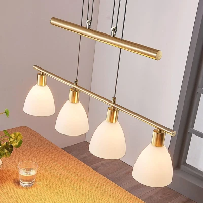 Afbeelding van Lindby hanglamp 4lichts glas, metaal E14 wit, mat messing