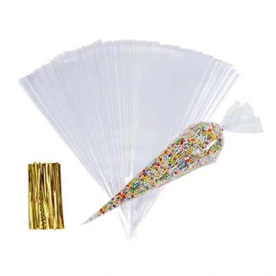 Afbeelding van JUHONNZ Snoepzakjes, 100 stuks, transparant, kegelzak van kunststof, AVCE gedraaide banden, cellofaan, verpakking voor snoep, koekjes, geschenken, tas bruiloft en feest, 13 x 25 cm