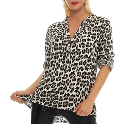 Afbeelding van Malito blouse met dierenprint safari 3/4 tuniek top los T shirt lange mouwen slim fit skinny recht oversized 6702 dames één maat, Olijfgroen