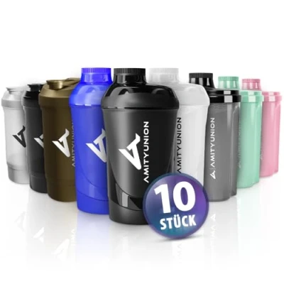 Afbeelding van AMITYUNION Proteïneshakerset, 10 delig, mega verpakking van 300, 400, 500, 600, 800 ml met eiwitshaker, kleine waterdichte BPA vrij, schaalverdeling, verschillende kleuren
