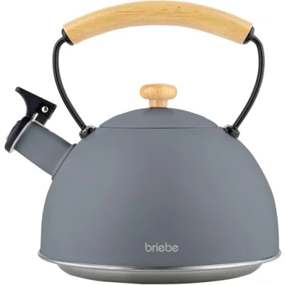 Afbeelding van briebe Nordic Inductieketel, fluitje, 2,3 l, retro, roestvrij staal, alle warmtebronnen: keramische plaat, gas, elektrisch, handvat van hout, cool touch, vintage, voor thee, koffie, theepot, grijs