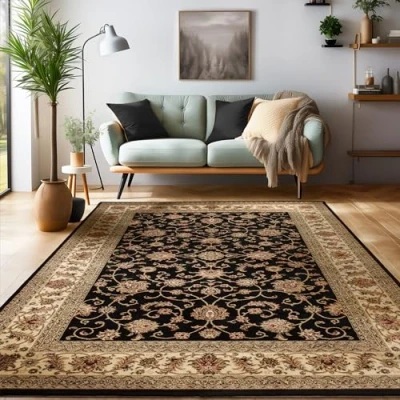 Afbeelding van Laagpolig tapijt, oosters design, zwart 240 x 340 cm, oosterse stijl, woonkamertapijt