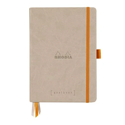 Afbeelding van RHODIA 118574C notitieboek, hardcover, bullet journal, goalbook, beige, A5, gestippeld, 240 pagina&#039;s, licht papier, wit, 90 g, 3 banden, elastiek, omslag van kunstleer