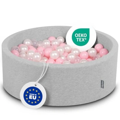 Afbeelding van KiddyMoon Viertel Ecking 90 x 30 cm, 200 ballen met een diameter van 7 speelbad, made in EU, lichtgrijs: roze/parel/transparant