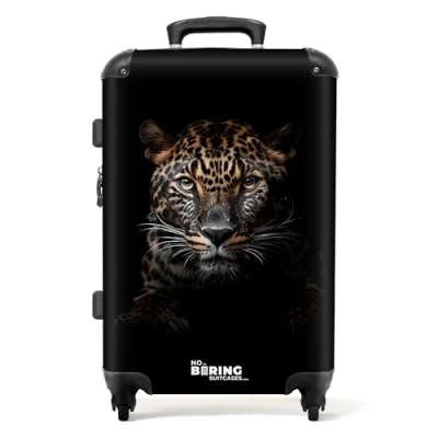 Afbeelding van NoBoringSuitcases.com® Koffer groot Rolkoffer lichtgewicht Lichtbruine panterkop op zwarte achtergrond Reiskoffer met 4 wielen Grote trolley XL 20 kg bagage