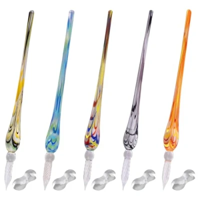 Afbeelding van WANDIC Glazen dompelpen, 5 stuks kristalglas kalligrafie handtekening pennen met pennenhouder, borosilicaat aanwezig pen voor schrijven, tekenen, handtekeningen, kalligrafie, geschenken