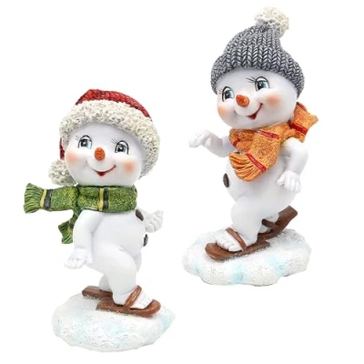 Afbeelding van Set van 2 sneeuwkinderen met muts en sjaal in rood/grijs ski&#039;s, L/L/H 5,5 x 6,8 11 cm