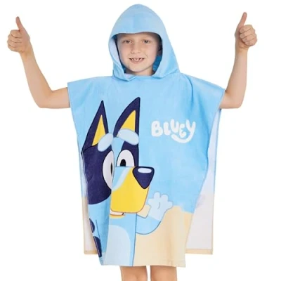 Afbeelding van Bluey Badponcho voor kinderen, badhanddoek meisjes, jongens, met capuchon, handdoek, poncho, van katoen, badjas, strand, zwembad (blauw/oranje)