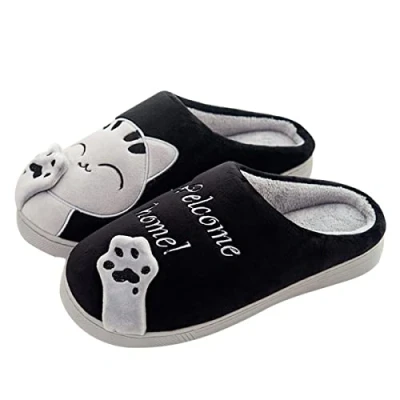 Afbeelding van AUXDIQ Vrouwelijke heren pantoffels schattige kat pluche herfst winter zacht warm huisschoenen indoor pantoffels, zwart.