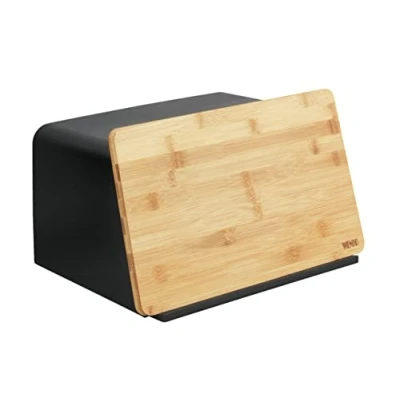 Afbeelding van Broodtrommel met bamboeplank, veelzijdige broodopslag deksel en geïntegreerde snijplank van bamboe, vershouddoos, duurzaam brood bewaren, 35 x 20,5 26 cm, zwart/naturel