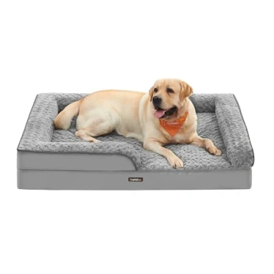 Afbeelding van Feandrea Hondenbed, dierenbed, orthopedisch, honingraatschuim, gevoerde verhoogde randen, afneembare overtrek van pluche met roze motieven, 122 x 89 18 cm, duifgrijs PGW254G01